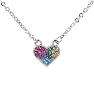 Rainbow heart pendant necklace with multi-colored crystals and silver chain for women
