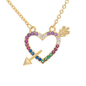 Rainbow crystal pave heart arrow pendant necklace in gold plated stainless steel