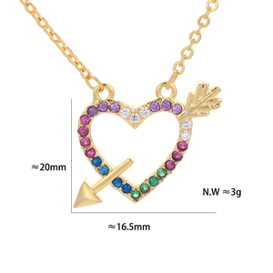 Detail showing heart-arrow pendant dimensions 20mm by 16.5mm with colorful zircon stones
