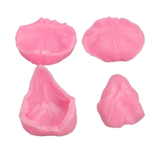 Macro detail of 4-piece pink silicone molds showing realistic petal and leaf textures