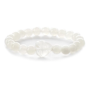 Translucent white crystal beaded bracelet with a central heart-shaped stone charm