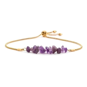 Adjustable golden stainless steel chain bracelet with purple natural crystal stones