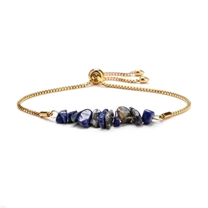 Golden box chain bracelet featuring natural blue stone chips and adjustable slider clasp