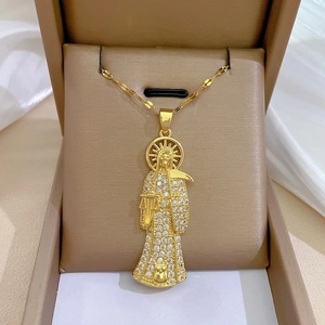 Santa Muerte Grim Reaper Pendant Necklace Stainless Steel Chain Copper Micro Inlaid Cubic Zirconia Gothic Jewelry