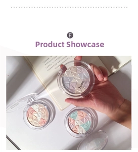 Detailed close-up of multi-color geometric shimmer highlighter powder in clear case
