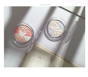 Macro detail of geometric pressed highlighter powder palette with multi-color shimmer finish