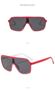 Front and 45-degree side views of red and white oversized sporty sunglasses