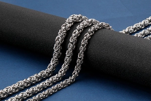 Detailed close-up of a silver stainless steel keeled chain with a complex braided texture