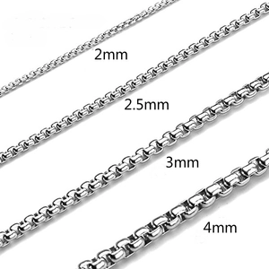 Stainless steel box chains in 2mm to 4mm widths showing various thickness options