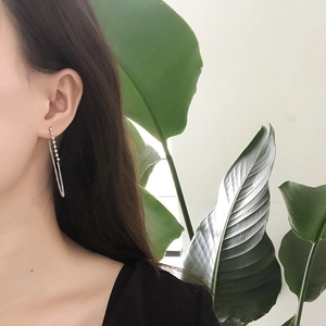 Minimalist stainless steel long tassel chain earrings worn with green leaf background