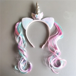 Unicorn headband with silver horn, wings, and pink-blue long curly wig for kids