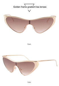 Detailed views of gold metallic futuristic sunglasses with gradient brown wing-shaped lenses
