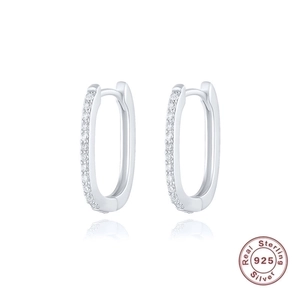 Polished S925 sterling silver oval hoop earrings with sparkling micro-inlaid zircon stones