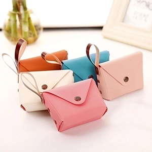 Cute candy color mini PU leather coin purse with snap closure and wrist strap