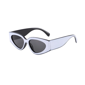 Fashionable cat-eye sunglasses with lavender and black two-tone frame and dark lenses
