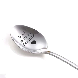 Stainless steel long handle spoon engraved with Good Morning Beautiful and heart icon