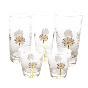 5-piece set of transparent glass cups with hammered texture and painted daisy patterns