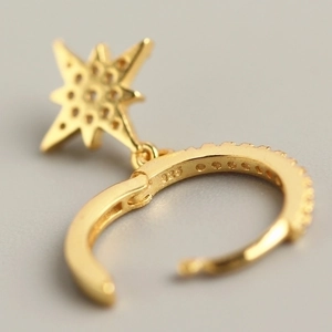 Elegant 925 sterling silver asymmetrical star moon hoop earrings with crystal pavé details