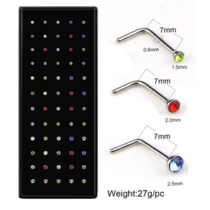 60-piece set of stainless steel L-shaped nose studs with colorful crystals in a black box