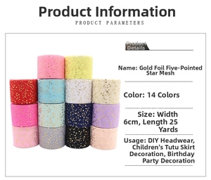 Detailed view of 6cm gold star tulle rolls in 14 colors for DIY crafts and decor
