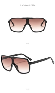 Front and 45-degree side views of black oversized pilot sunglasses with brown gradient lenses
