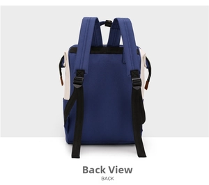 Detail view of the ergonomic padded back straps on this navy Oxford maternity backpack