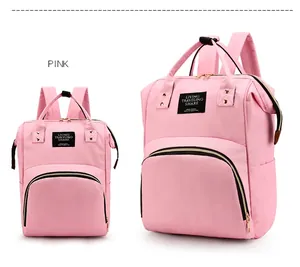 Front and side view of pink large capacity oxford backpack for travel and mothers