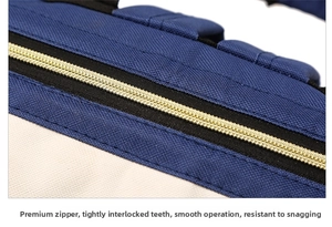 Detail of high-quality golden metal zipper on oxford fabric diaper bag with smooth closure