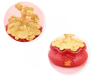 Detailed close-up of golden money tree ornament with lucky red bag base and coins