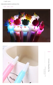 Detail view of the 0.5mm needle tip and the glowing unicorn light feature on the pen