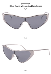 Front and side views of futuristic silver metallic shield sunglasses with grey lenses