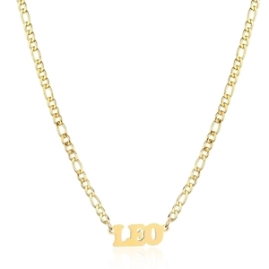 Detail of 18K gold stainless steel Figaro chain with Leo zodiac letter pendant