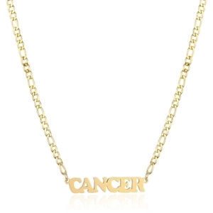 Detailed view of golden 18K gold-plated Cancer zodiac pendant on a Figaro chain