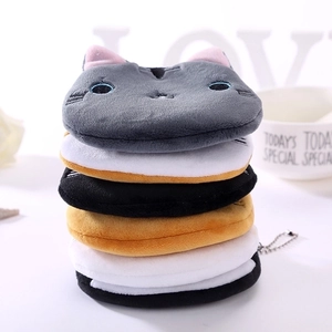 Cute plush cartoon cat coin purse with zipper and metal chain in four colors