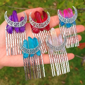Natural Crystal Hair Comb With Alloy Moon Ornament Handmade Crown Headpiece For Bridal Wedding Bohemian Vintage Party