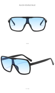 Front and 45-degree side view of oversized pilot sunglasses with blue gradient lenses