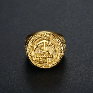 Men's gold-plated stainless steel signet ring with nautical anchor and chain detail