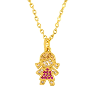 Detailed view of girl pendant with pink zircon and gold-plated chain necklace