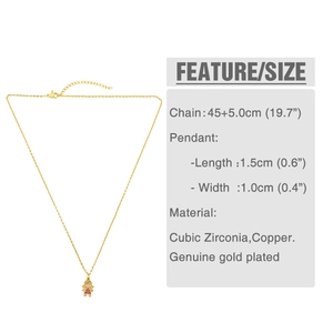 Detail of 18K gold-plated necklace with a pink cubic zirconia girl-shaped pendant