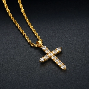 Hip hop gold plated titanium cross pendant necklace with sparkling cubic zirconia