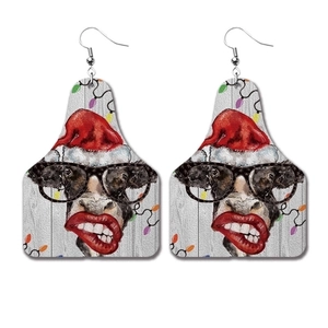 Christmas cow earrings featuring Santa hat and colorful lights on PU leather drops