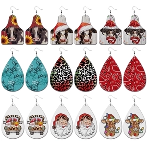 Christmas Teardrop Dangle Earrings PU Leather Santa Cow Leopard Buffalo Plaid Pattern Boho Alloy Jewelry For Women