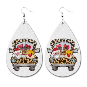 Detail of Christmas faux leather teardrop earrings with festive Santa and leopard truck print