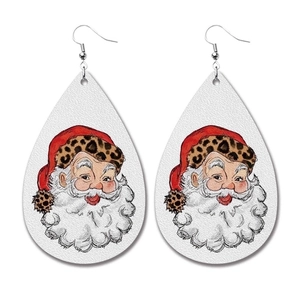 Teardrop PU leather earrings featuring Santa Claus and leopard print patterns
