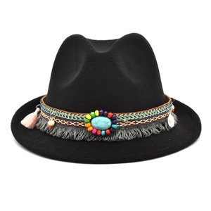 Vintage Bohemian Woolen Fedora Hat Wide Brim Jazz Hat With Tassel Bead Turquoise Decor For Men Women Ethnic Style Hat