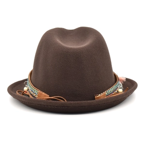 Deep brown wool felt jazz hat with bohemian woven band and pink feather detail