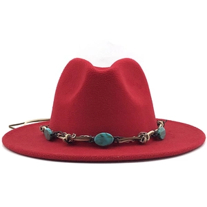 Detail of red wool fedora featuring a Bohemian braided band with turquoise stones