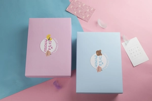 Detailed overhead shot of pink and blue baby gift boxes with decorative feathers and cards