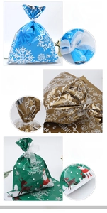 Detail of Christmas drawstring gift bags featuring festive patterns and durable ribbon ties