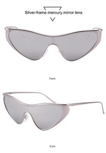 Front and side views of silver futuristic sunglasses with mercury mirror lenses